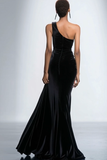 Black Velvet One Shoulder Mermaid Long Holiday Party Dress with Sequins