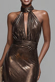 Sparkly Brown High Neck Metallic Mermaid Long Formal Dress