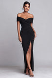 Black Off the Shoulder Mermaid Ruched Long Formal Dress with Slit