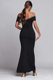 Black Off the Shoulder Mermaid Ruched Long Formal Dress with Slit