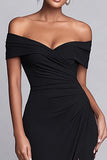 Black Off the Shoulder Mermaid Ruched Long Formal Dress with Slit