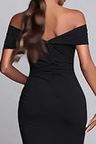 Black Off the Shoulder Mermaid Ruched Long Formal Dress with Slit