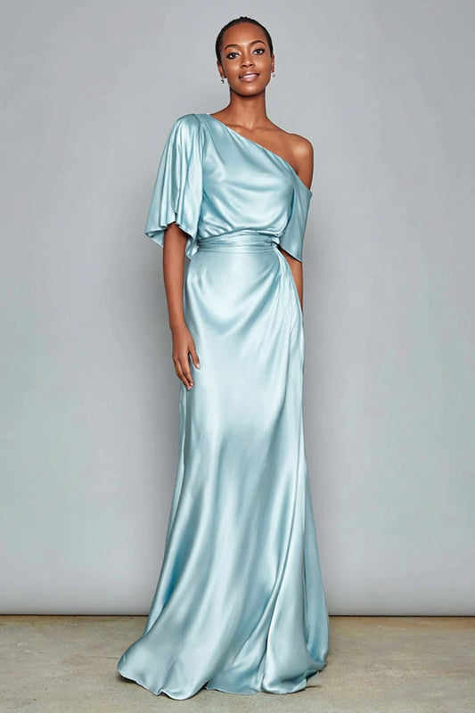 Light Blue One Shoulder Satin Mermaid Long Formal Dress with Sleeves