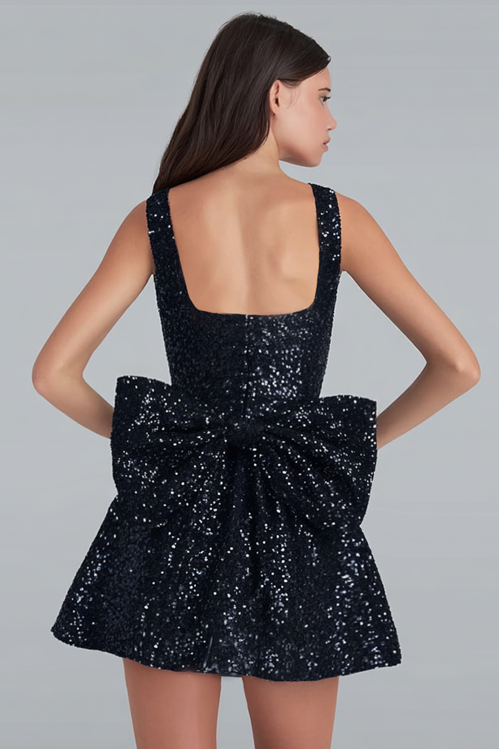 Sparkly Ivory Sequin Scoop A Line Short Homecoming Dress with Bow