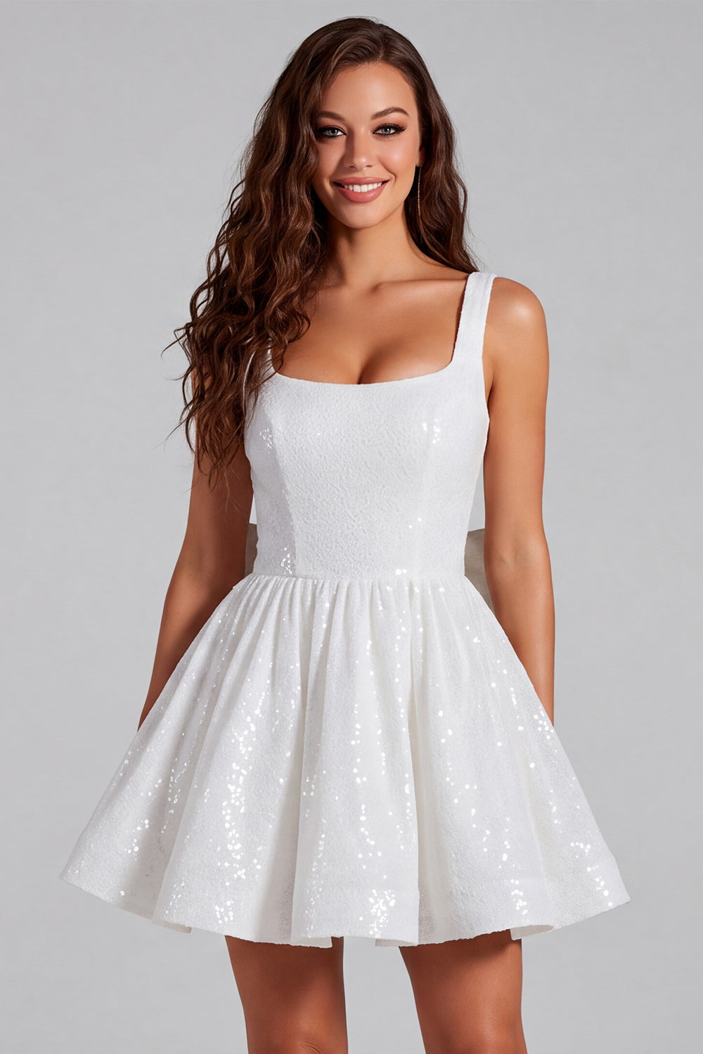 Sparkly Ivory Sequin Scoop A Line Short Homecoming Dress with Bow