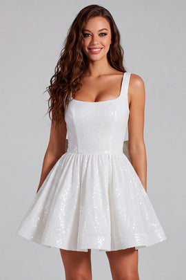 Sparkly Ivory Sequin Scoop A Line Short Homecoming Dress with Bow