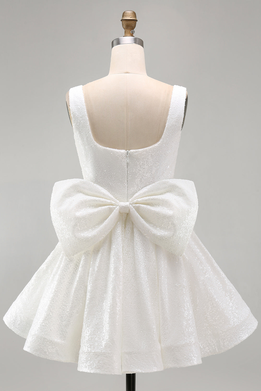 Sparkly Ivory Sequin Scoop A Line Short Homecoming Dress with Bow