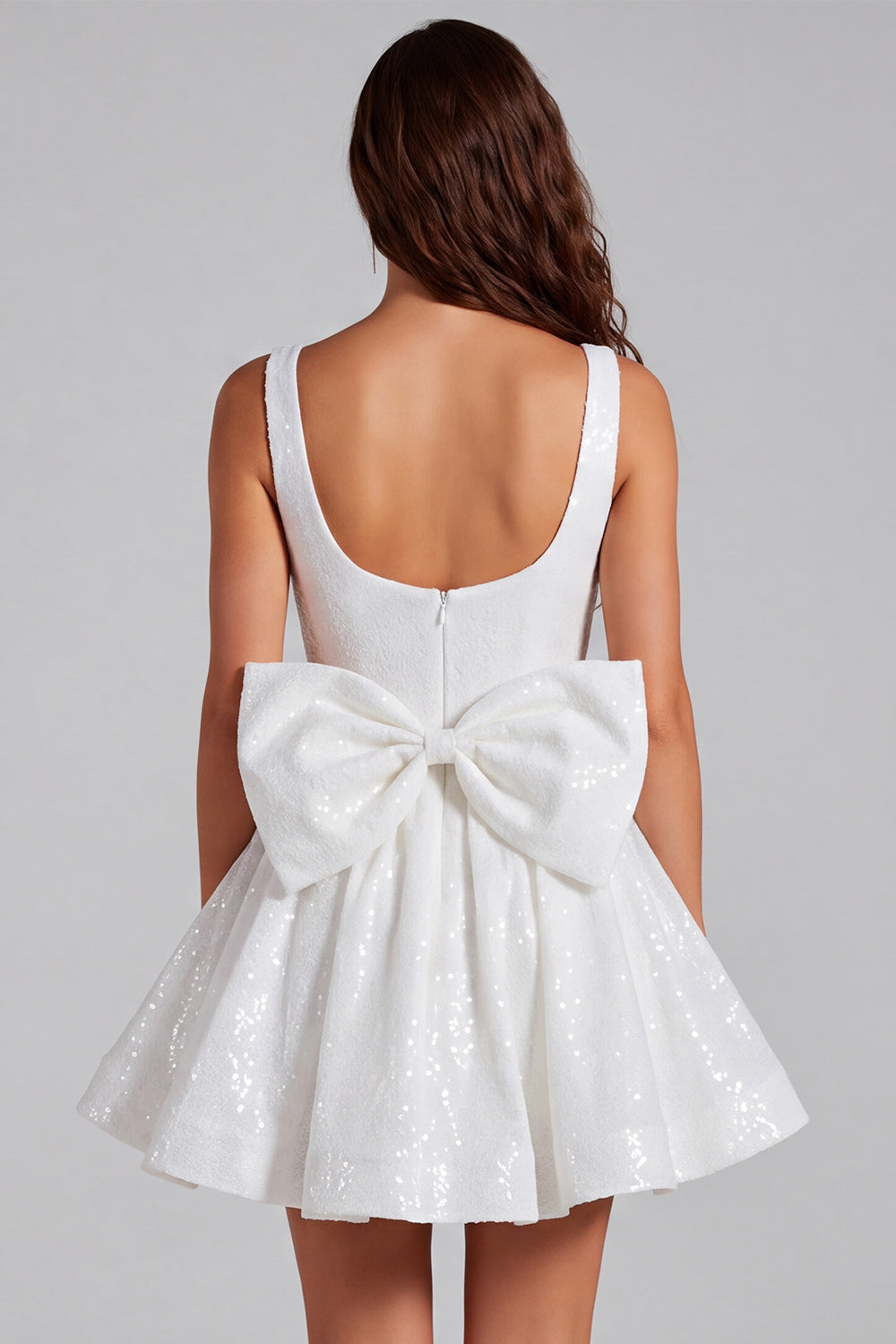 Sparkly Ivory Sequin Scoop A Line Short Homecoming Dress with Bow