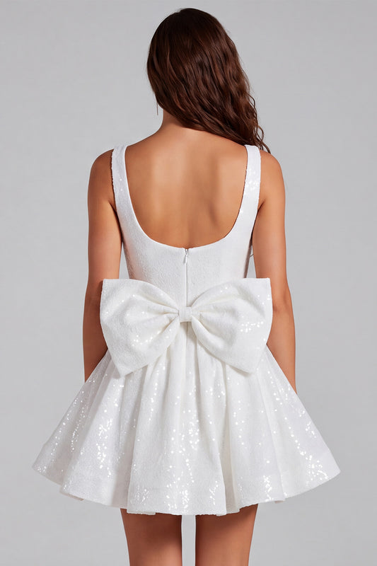 Sparkly Ivory Sequin Scoop A Line Short Homecoming Dress with Bow