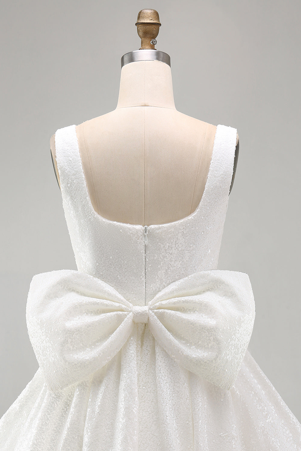 Sparkly Ivory Sequin Scoop A Line Short Homecoming Dress with Bow