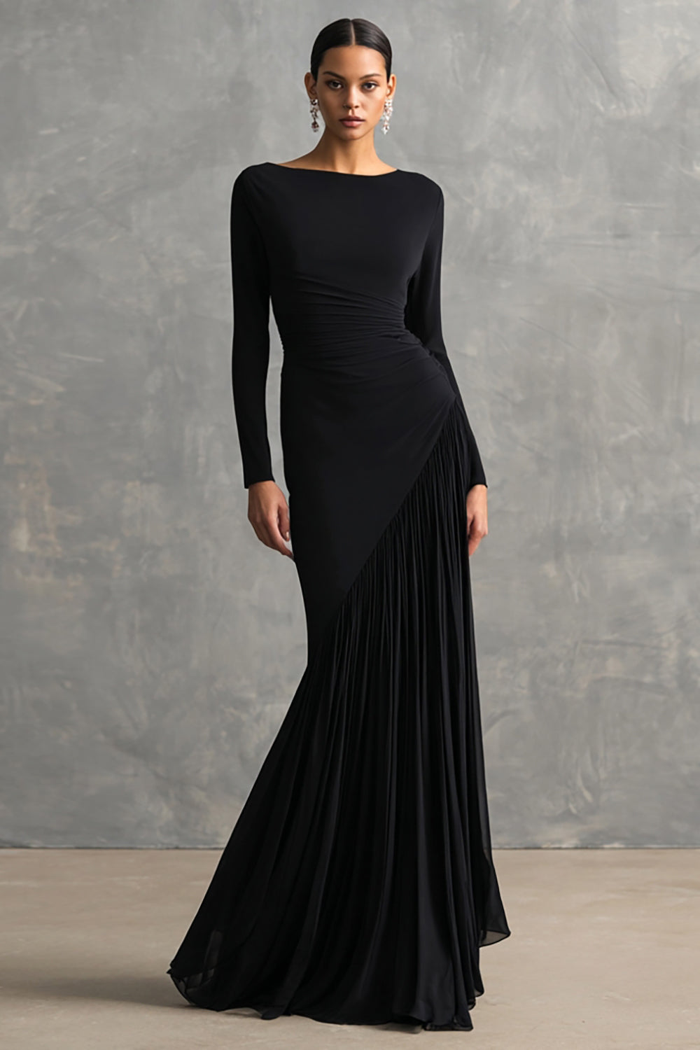 ZAPAKA Women Chiffon Maxi Formal Dress Pleated Mermaid Boat Neck Long Sleeves Black Tie Dress, Black / custom