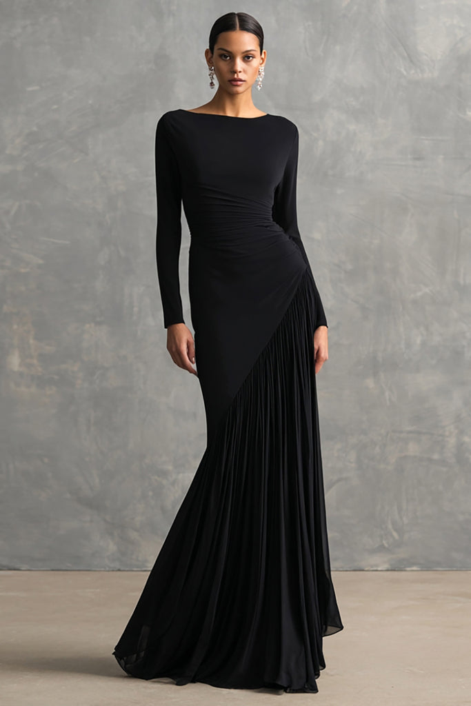 Zapakasa Women Black Boat Neck Long Formal Dress with Sleeves Chiffon
