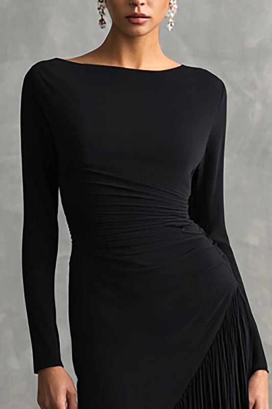 Black Boat Neck Mermaid Long Formal Dress with Sleeves