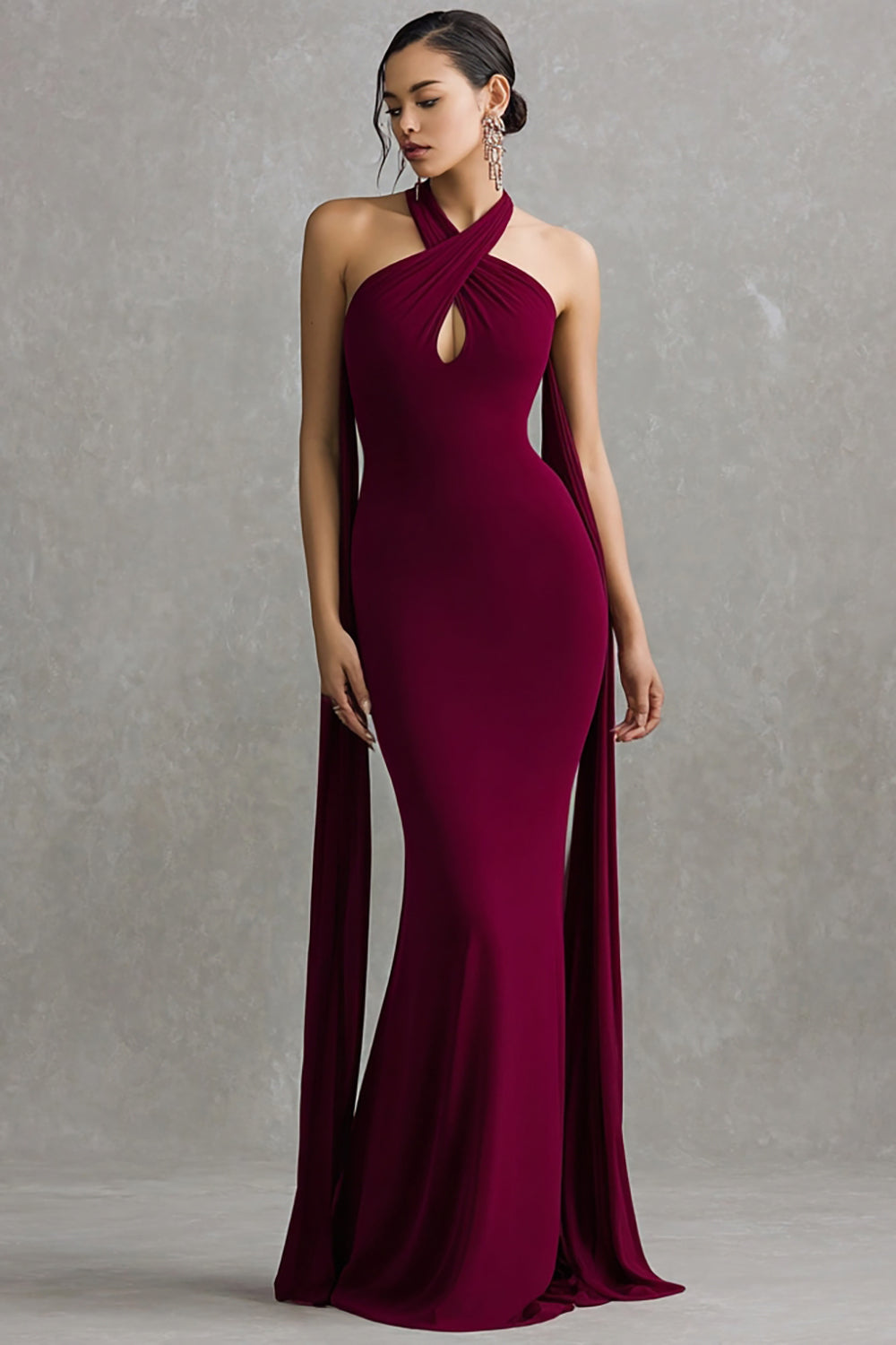 Burgundy Halter Mermaid Neck Scarf Long Formal Dress