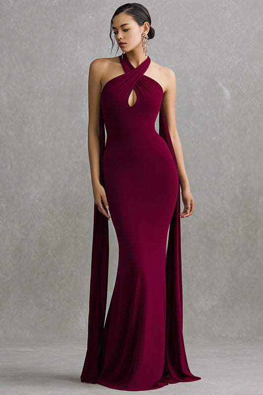 Burgundy Halter Mermaid Neck Scarf Long Formal Dress