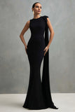 Black Round Neck Mermaid Long Formal Dress with Side Cape