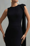 Black Round Neck Mermaid Long Formal Dress with Side Cape