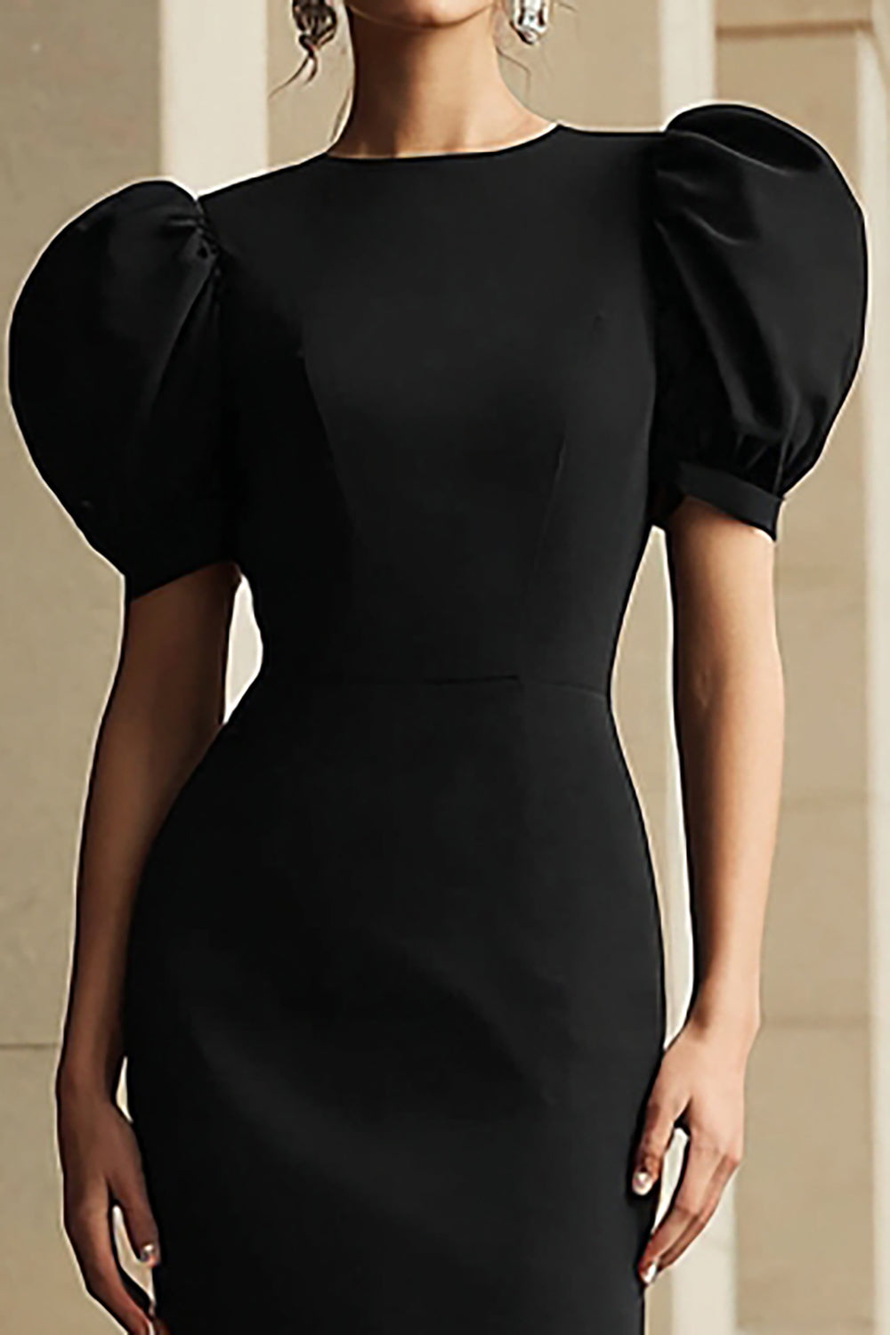 Black Round Neck Puff Sleeves Mermaid Tea Length Formal Dress