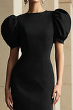 Black Round Neck Puff Sleeves Mermaid Tea Length Formal Dress