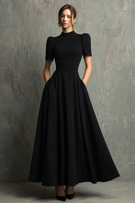 Black High Neck Short Sleeves A-Line Long Formal Dress with Pockets