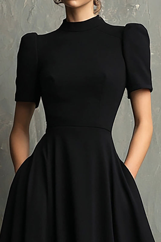 Black High Neck Short Sleeves A-Line Long Formal Dress with Pockets