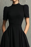 Black High Neck Short Sleeves A-Line Long Formal Dress with Pockets