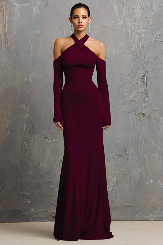 Burgundy Halter Long Sleeves Mermaid Long Formal Dress