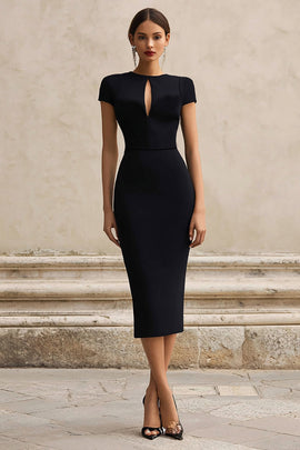 Black Round Neck Short Sleeves Mermaid Midi Semi-Formal Dress