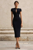 Black Round Neck Short Sleeves Mermaid Midi Semi-Formal Dress