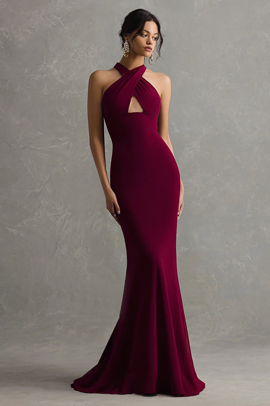 Burgundy Halter Mermaid Keyhole Long Formal Dress