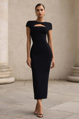 Black Round Neck Mermaid Cut Out Long Formal Dress with Sleeves