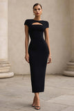 Black Round Neck Mermaid Cut Out Long Formal Dress with Sleeves