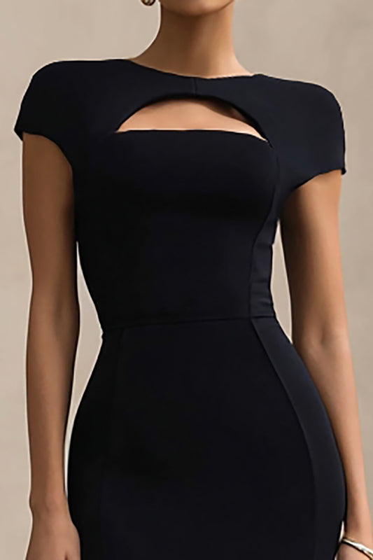 Black Round Neck Mermaid Cut Out Long Formal Dress with Sleeves