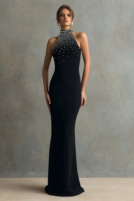 Sparkly Black Mermaid Halter Long Formal Dress with Beading