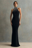 Sparkly Black Mermaid Halter Long Formal Dress with Beading