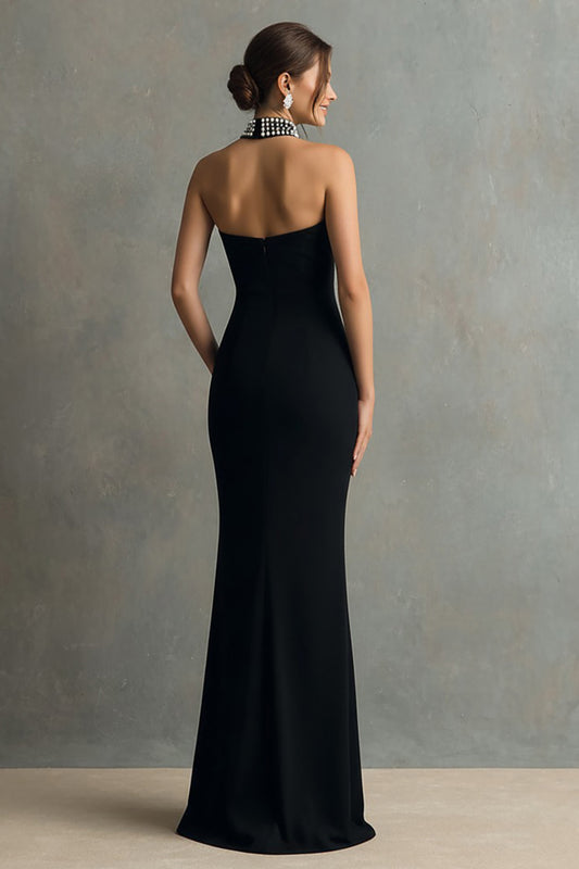 Sparkly Black Mermaid Halter Long Formal Dress with Beading