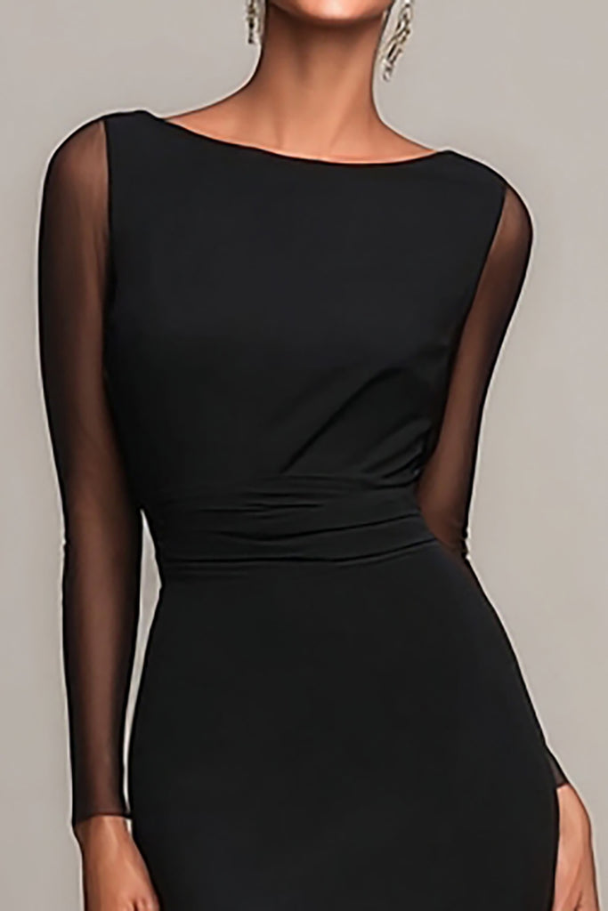 Zapakasa Women Black Mermaid Long Formal Dress with Sleeves Boat Neck