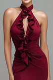 Burgundy Halter Mermaid Long Formal Dress with Ruffles