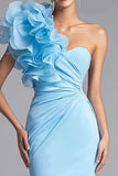 Light Blue One Shoulder Mermaid Long Formal Dress with 3D Flower