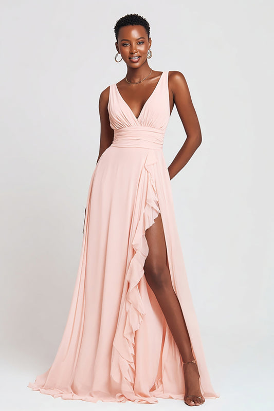 Pink V-Neck Chiffon A-Line Long Formal Dress with Slit