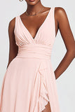 Pink V-Neck Chiffon A-Line Long Formal Dress with Slit