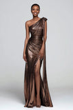 Sparkly Brown One Shoulder Metallic Mermaid Long Formal Dress with Slit