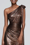 Sparkly Brown One Shoulder Metallic Mermaid Long Formal Dress with Slit