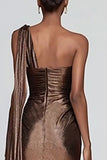 Sparkly Brown One Shoulder Metallic Mermaid Long Formal Dress with Slit