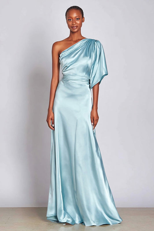 Light Blue One Shoulder Satin Mermaid Long Formal Dress with Sleeves