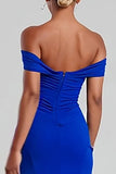 Royal Blue Off the Shoulder Mermaid Long Formal Dress with Slit