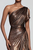 Sparkly Brown Metallic One Shoulder Mermaid Long Formal Dress with Slit
