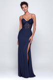 Navy Spaghetti Straps Lace Mermaid Long Formal Dress with Slit