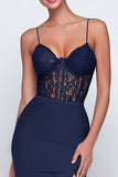 Navy Spaghetti Straps Lace Mermaid Long Formal Dress with Slit
