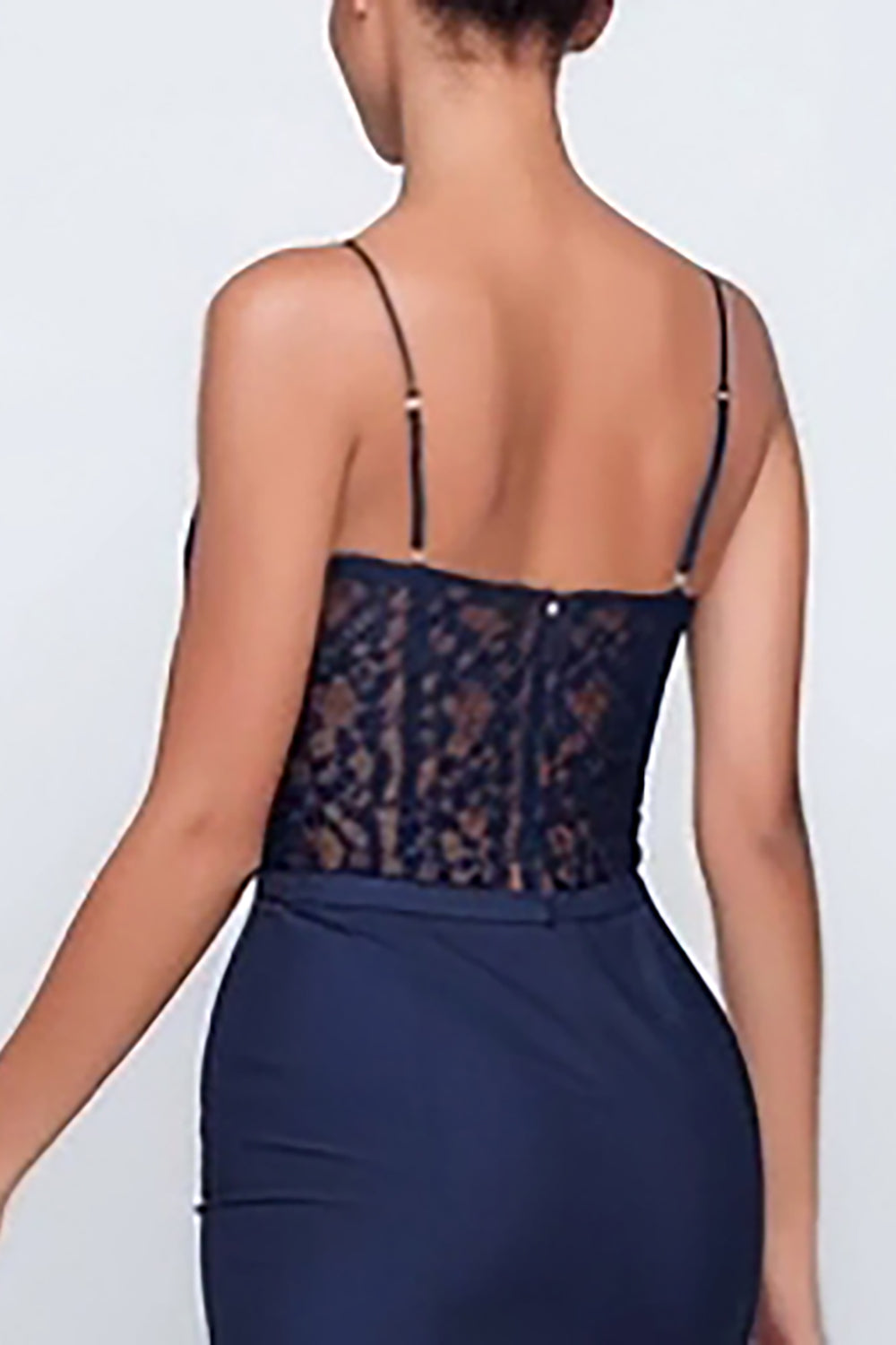 Navy Spaghetti Straps Lace Mermaid Long Formal Dress with Slit